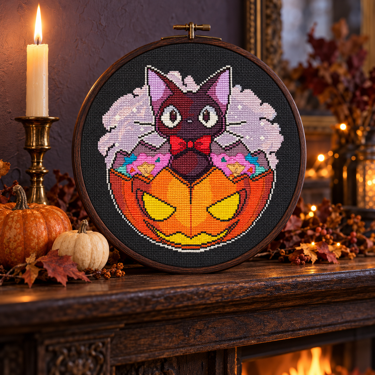 Cat with a red bow sitting in a candy-filled jack-o’-lantern, cross stitched on black fabric in a wooden hoop on a mantel beside pumpkins and candlelight.