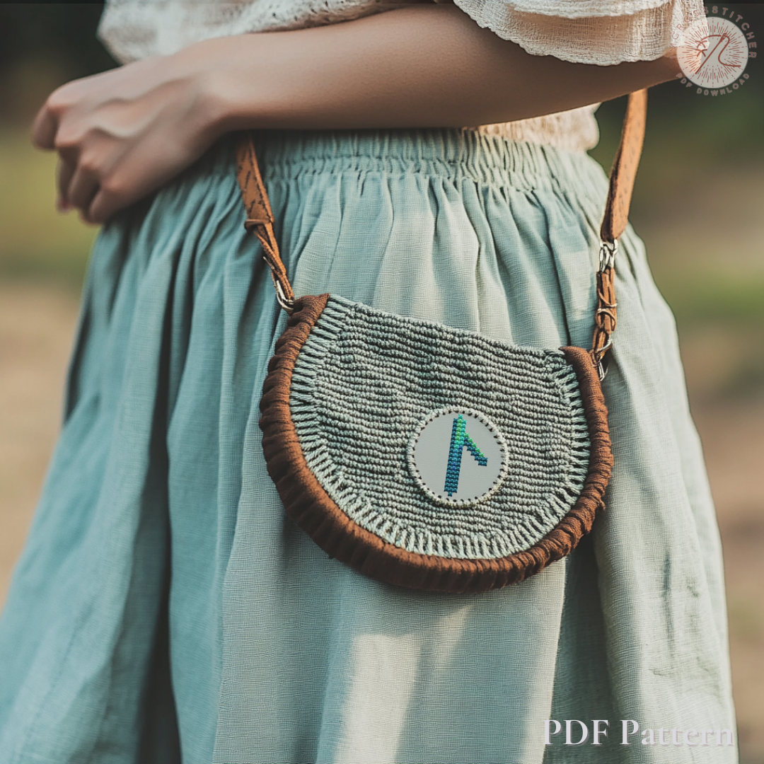 Cross stitch shoulder bag decorated with a Laguz rune embroidery pattern from the Lumi Mini Set.