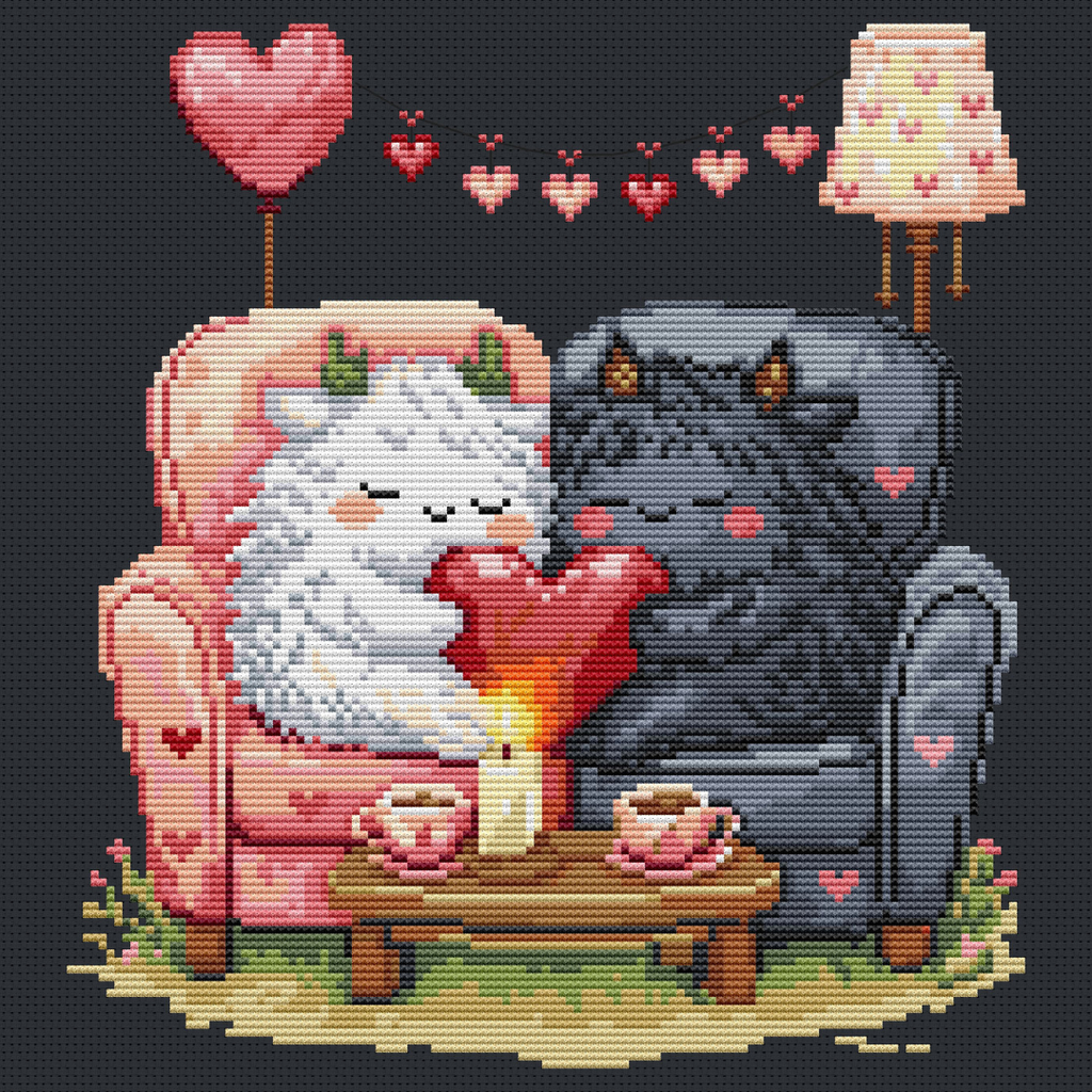 Finished Romantic Beasties Love Duo cross stitch design stitched on dark fabric featuring two fantasy creatures holding a glowing heart