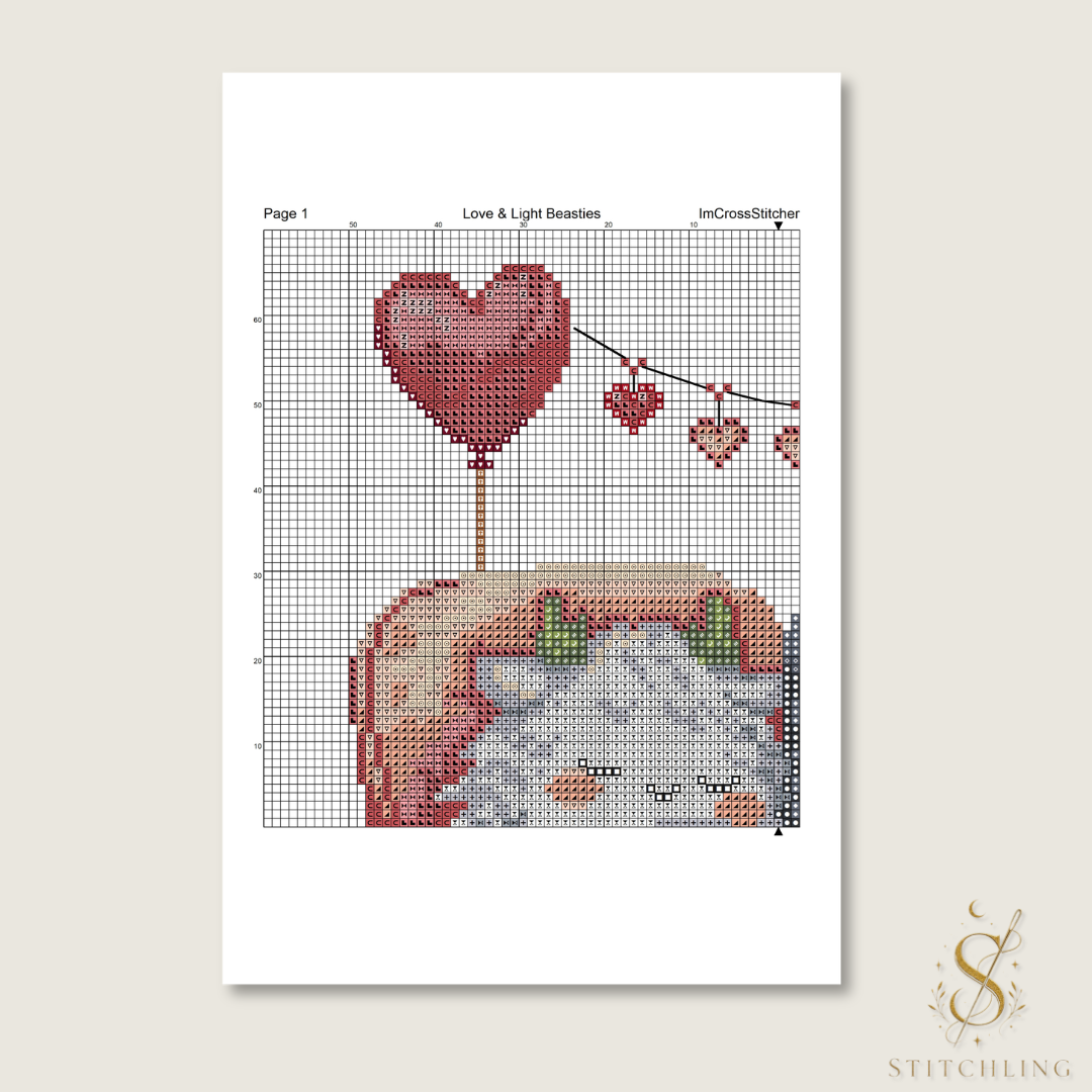 Romantic Beasties Love Duo cross stitch pattern preview showing heart themed fantasy creature embroidery chart and stitch layout
