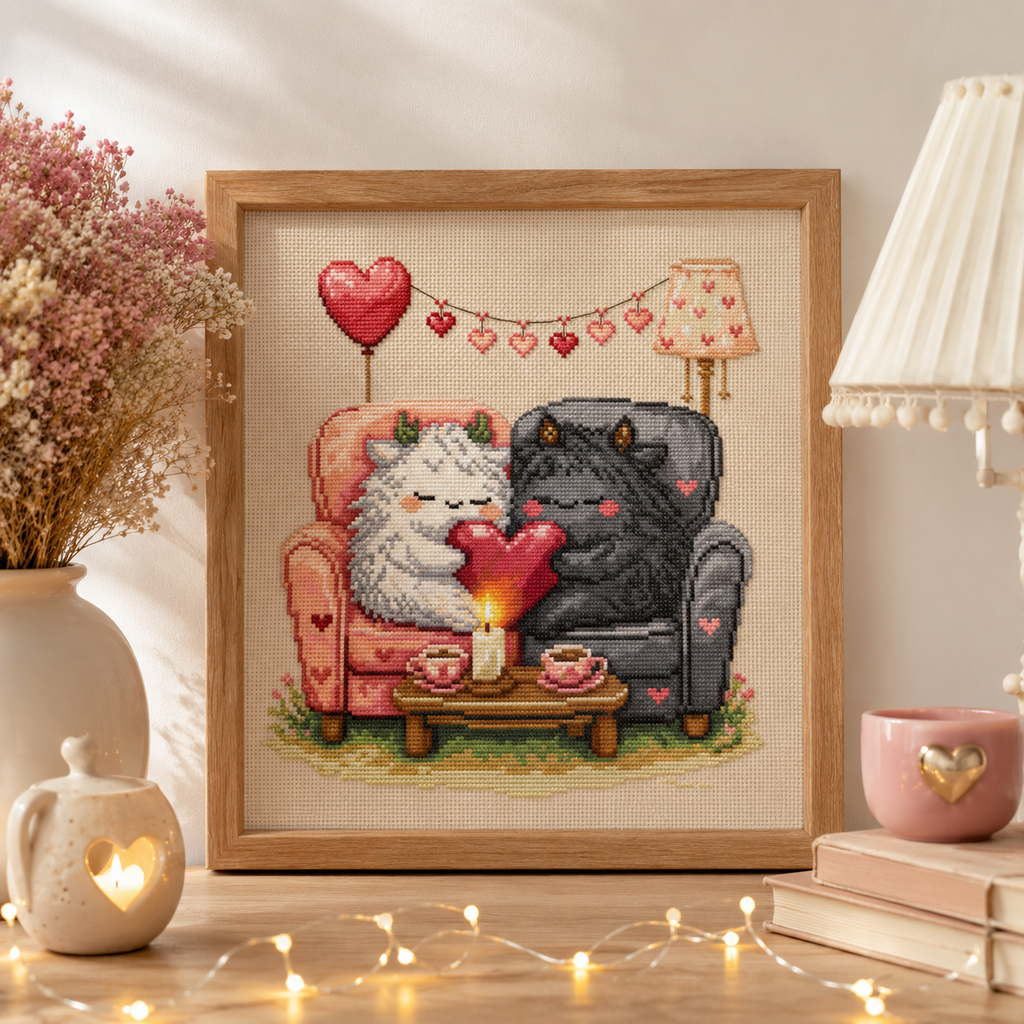 Framed Romantic Beasties Love Duo cross stitch pattern featuring two cute creatures sharing a heart, perfect for anniversary gifts and home decor