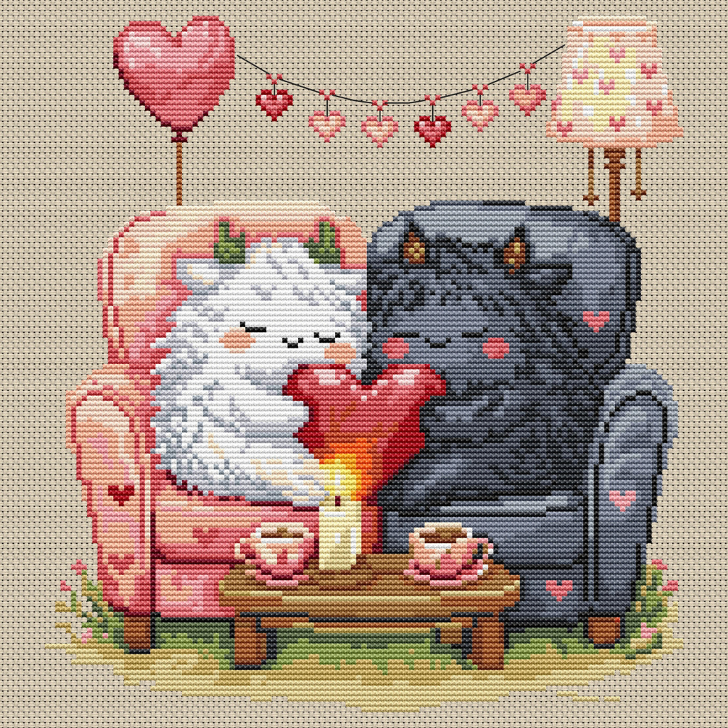 Romantic Beasties Love Duo Pattern Keeper compatible cross stitch chart with symbol grid for easy digital stitching