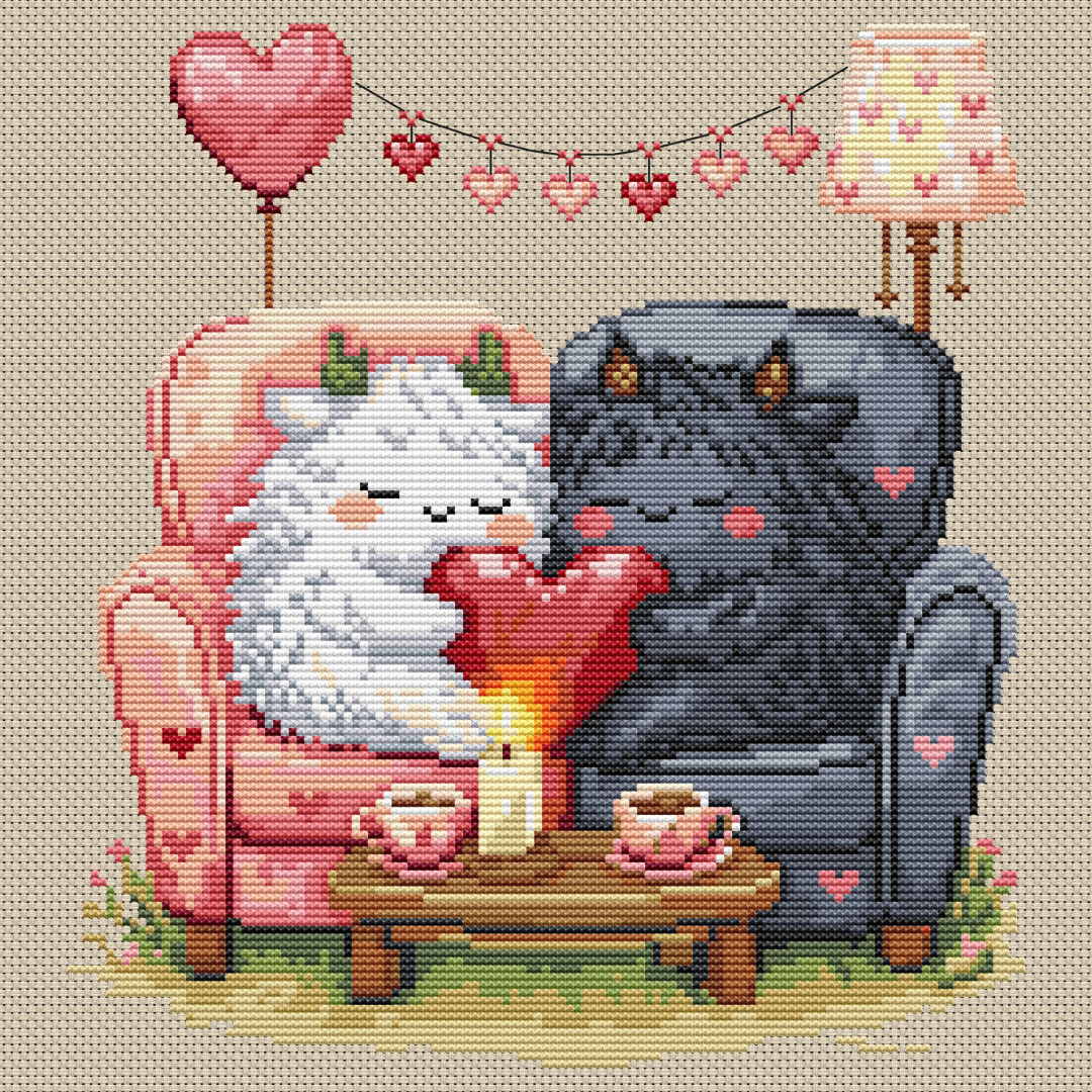 Romantic Beasties Love Duo Pattern Keeper compatible cross stitch chart with symbol grid for easy digital stitching