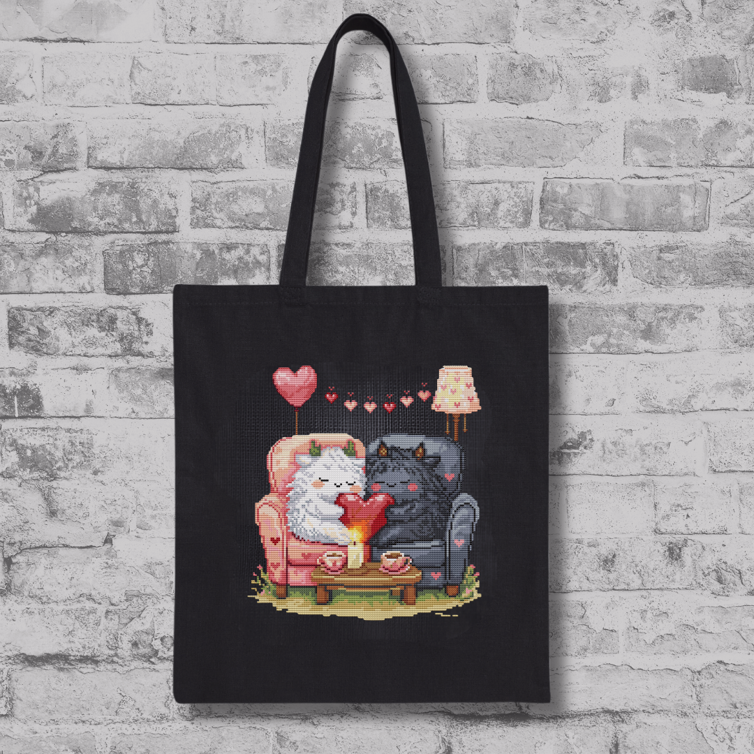 Black tote bag featuring the Romantic Beasties Love Duo cross stitch design, fantasy creature embroidery and handmade gift inspiration
