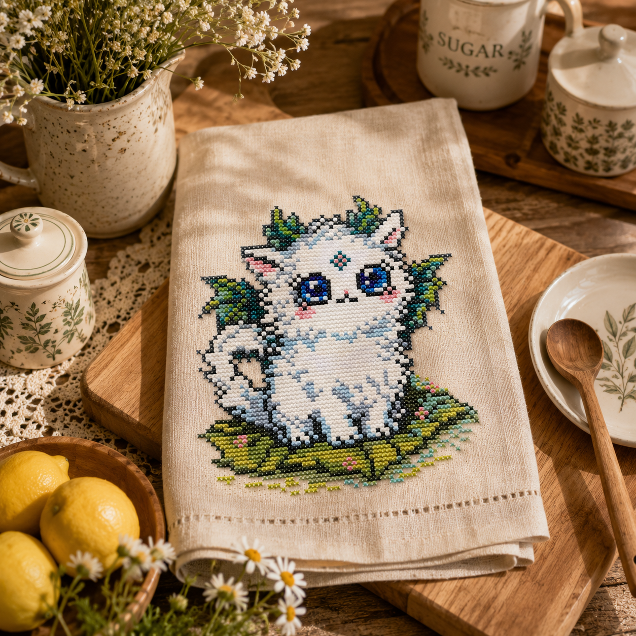 Luma Beastie cross stitch pattern stitched on a decorative kitchen towel, magical fantasy creature embroidery and cottagecore home decor project.