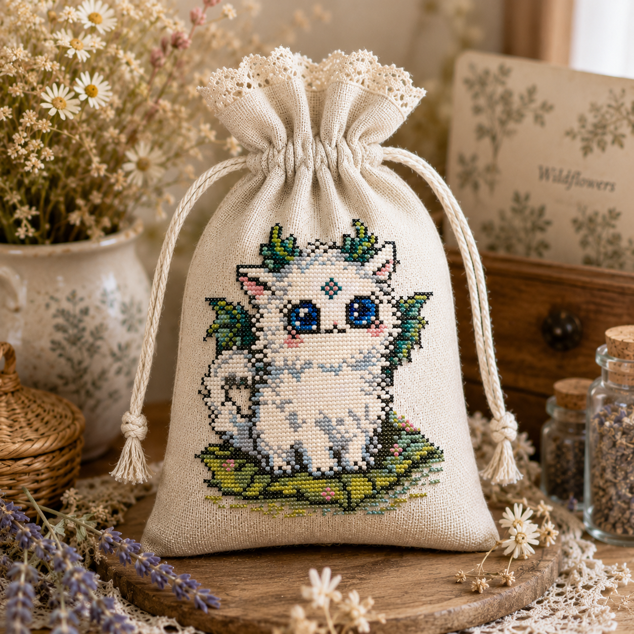 Luma Beastie cross stitch pattern stitched on a linen drawstring pouch, whimsical fantasy embroidery project and handmade gift idea.