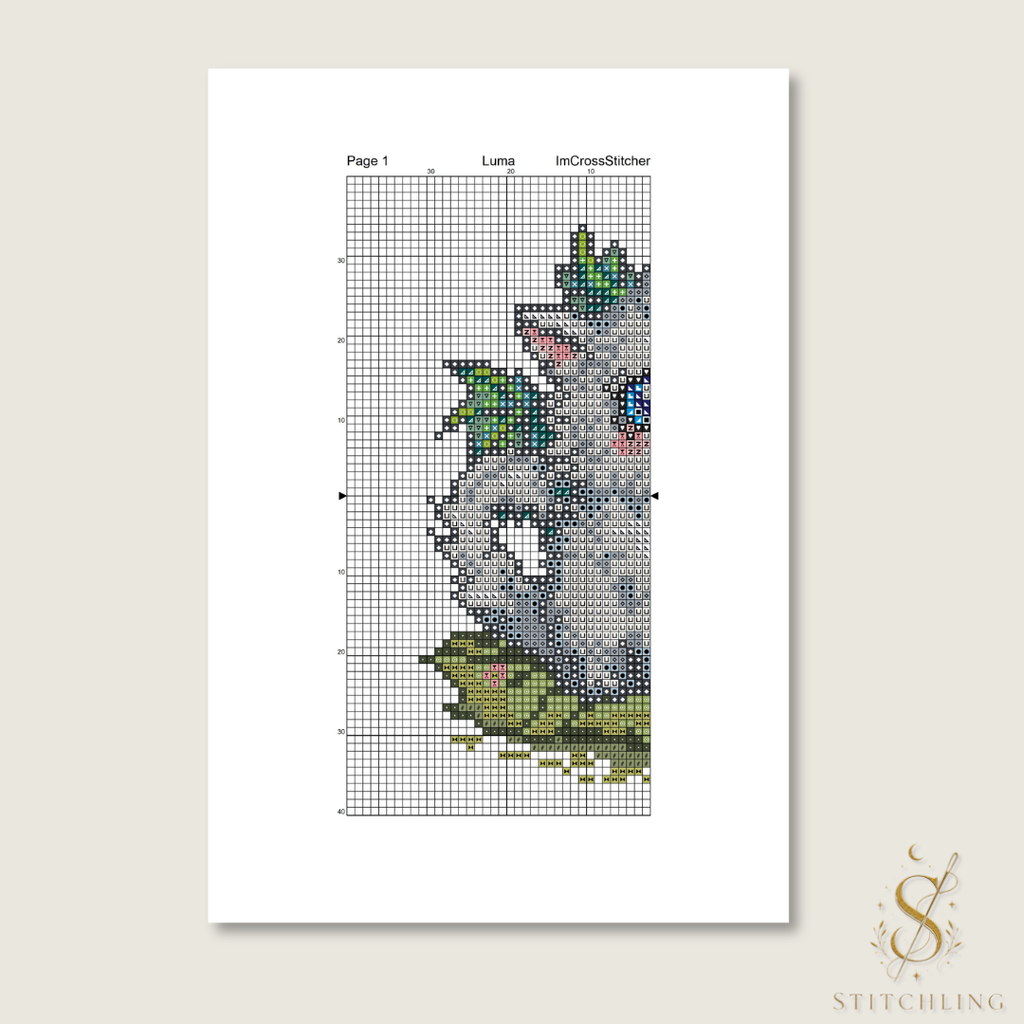 Luma Beastie cross stitch pattern preview showing printable embroidery chart with symbols and grid for fantasy creature stitching project.