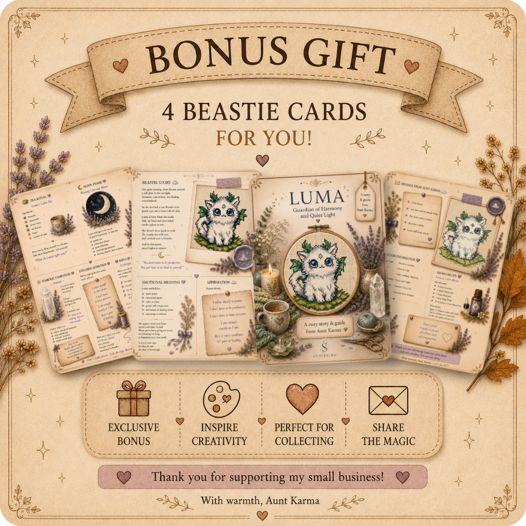 Bonus printable Luma Beastie story cards featuring character story, magical symbolism, affirmations, tea ritual and fantasy companion guide.