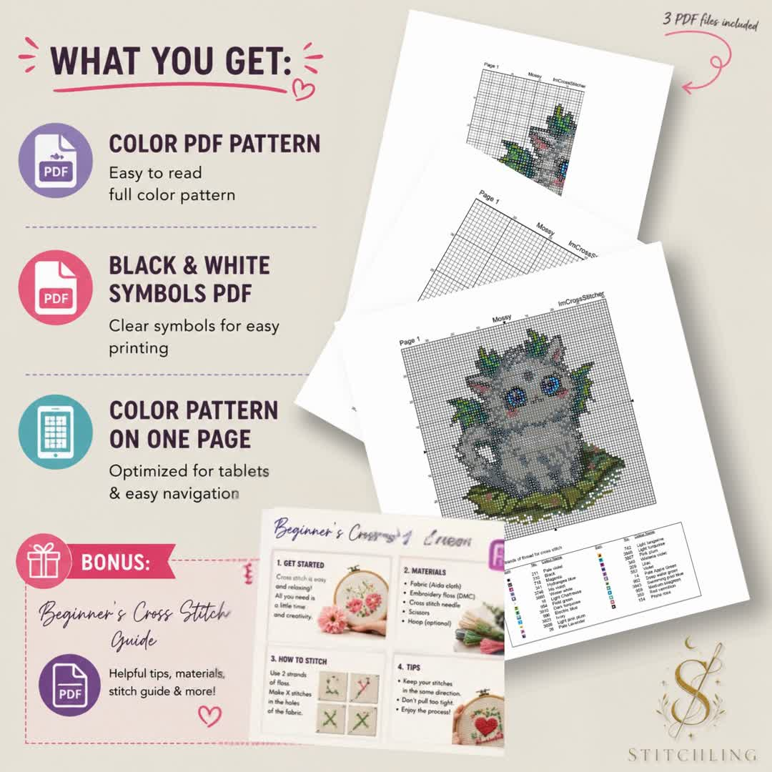 Luma Beastie cross stitch pattern PDF bundle including color chart, black and white symbols chart, one page pattern and beginner cross stitch guide.