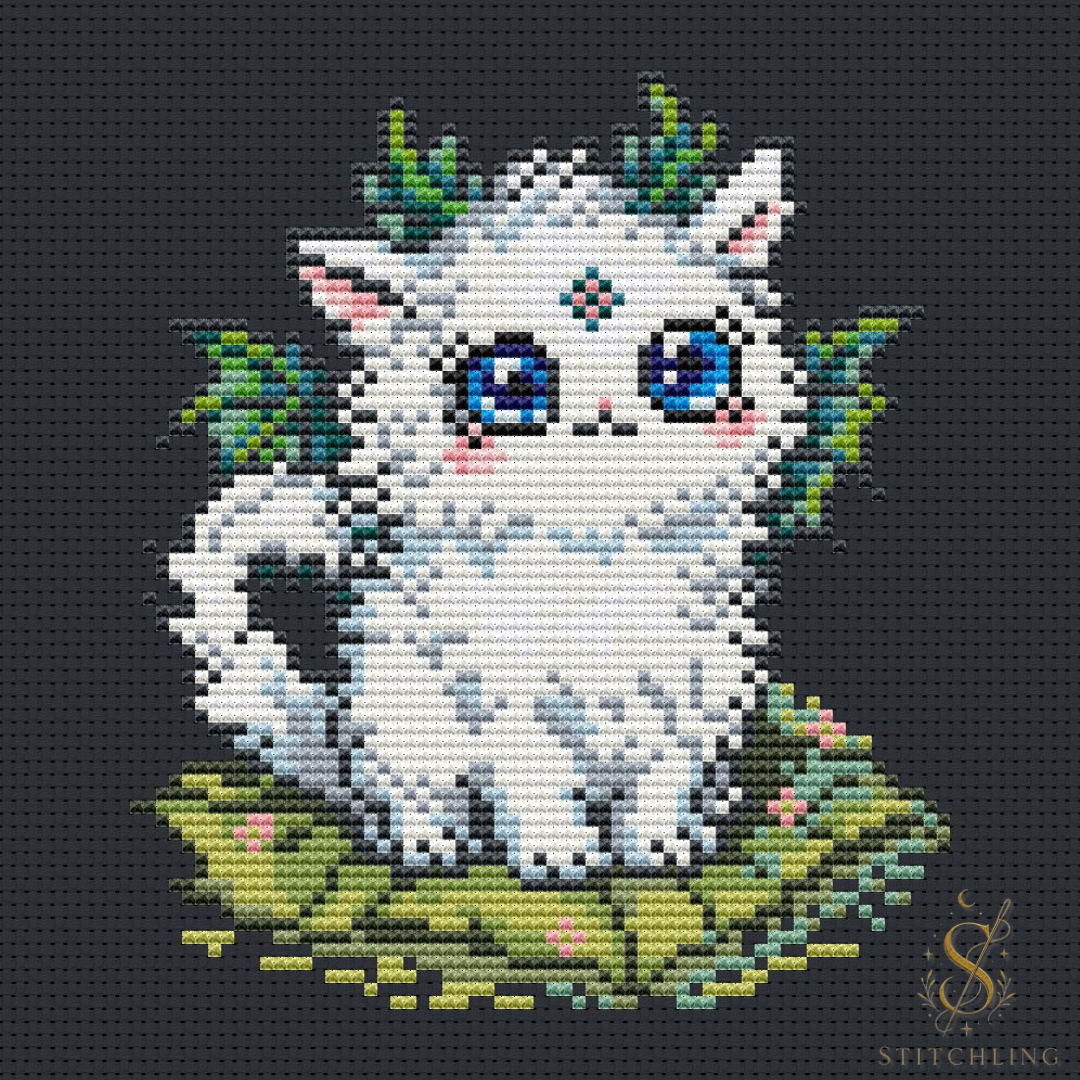 Luma the Healing Beast cross stitch design preview on dark fabric background featuring a magical white fox with blue eyes, nature-inspired details and fantasy embroidery artwork