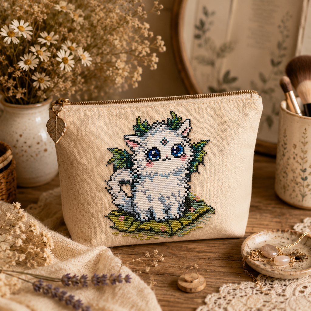 Luma the Healing Beast cross stitch displayed in a cozy cottagecore interior with natural decor, magical white fox embroidery artwork and woodland fantasy styling