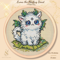 Luma the Healing Beast cross stitch pattern featuring a magical white fantasy fox with blue eyes, healing nature elements and woodland details, PDF counted cross stitch chart for embroidery lovers