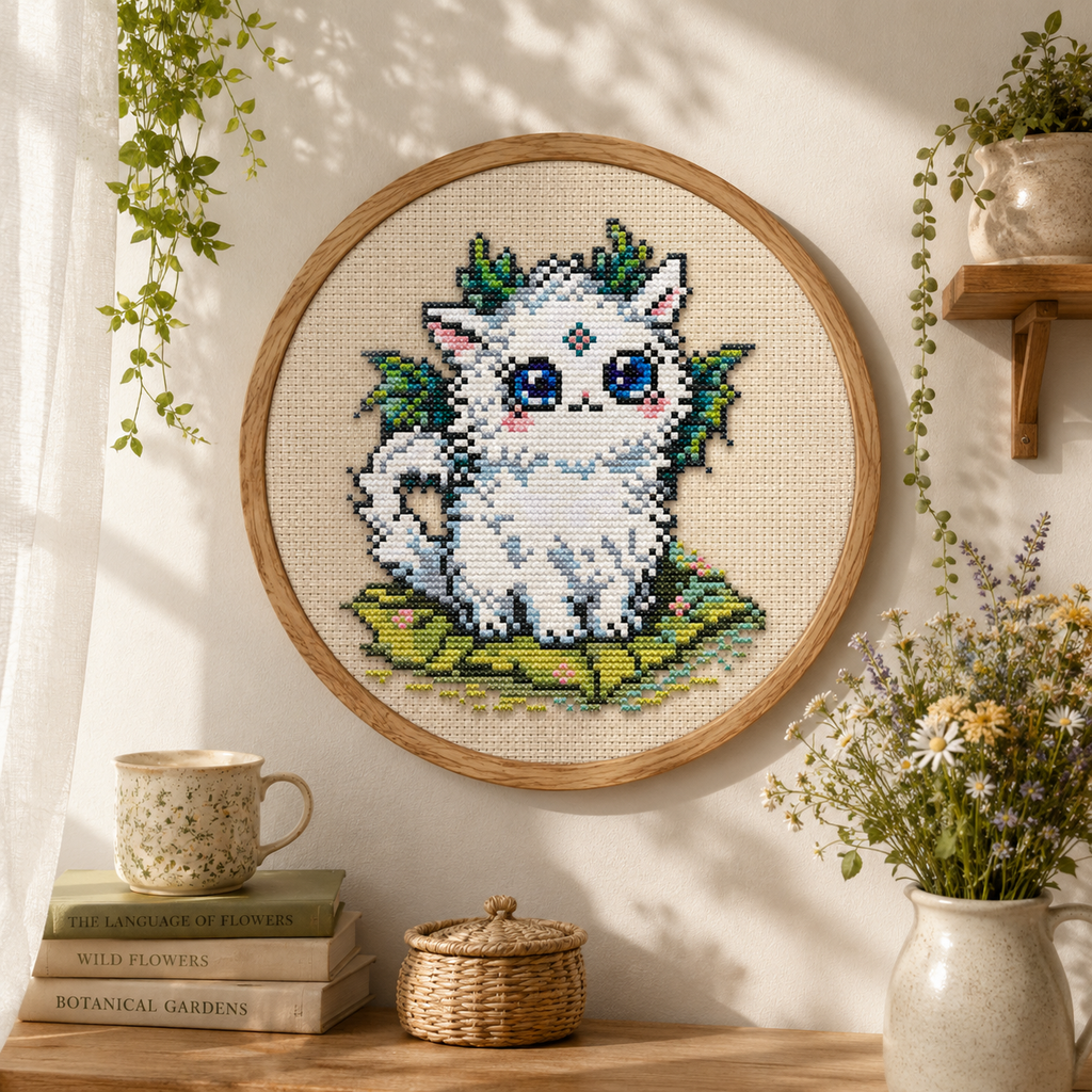 Luma the Healing Beast white fox cross stitch displayed in a wooden embroidery hoop, magical fantasy wall decor with woodland and nature inspired embroidery details