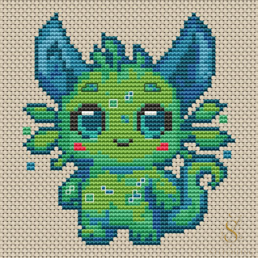 Lumi Beastie cross stitch pattern PDF, cute green fantasy creature embroidery design with crystal details, magical sparkles and whimsical character artwork.