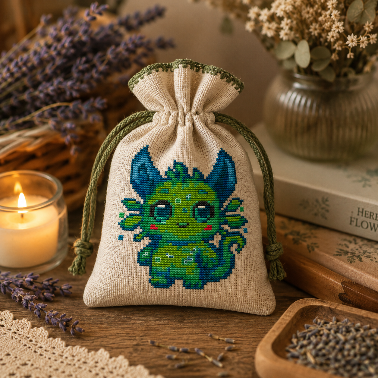 Lumi the Glowing Beast cross stitch pattern displayed on a handmade linen sachet bag, fantasy embroidery project and gift idea