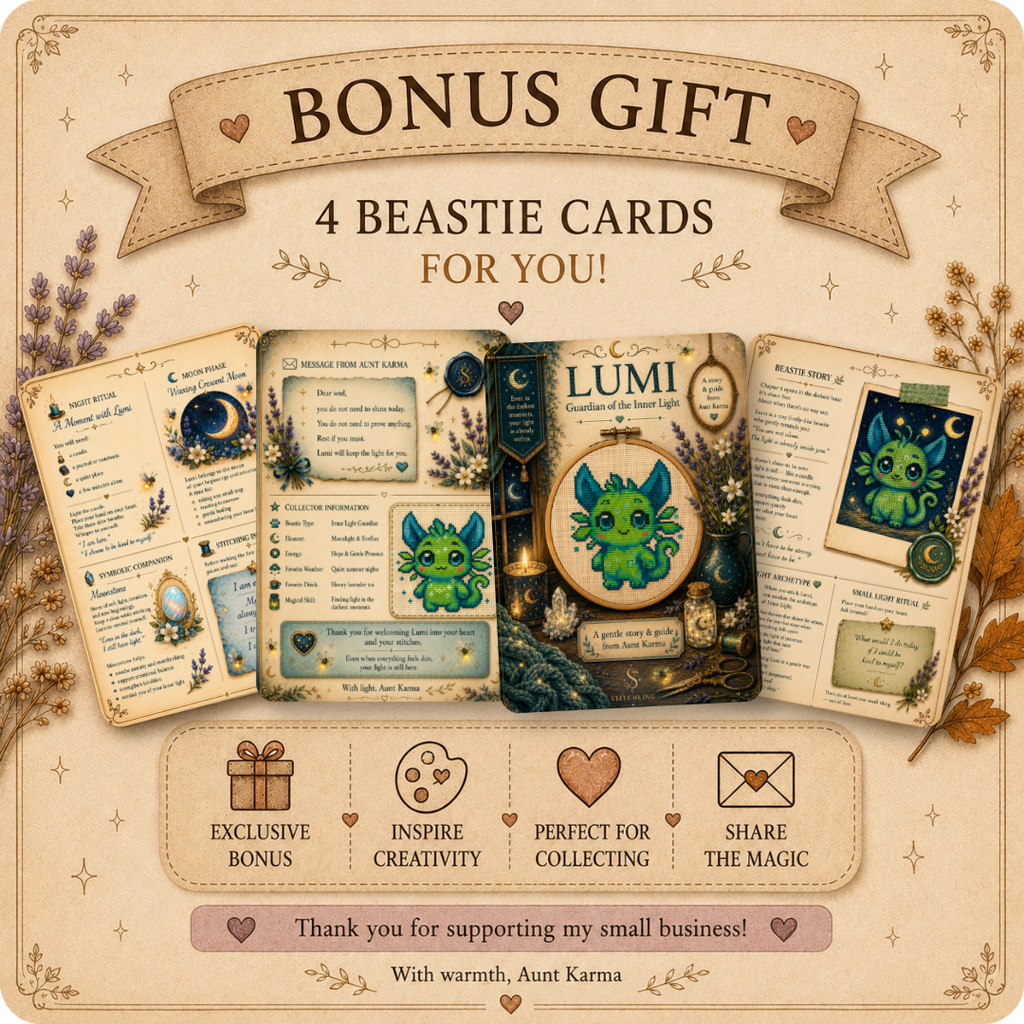 Bonus printable Beastie story cards included with Lumi cross stitch pattern featuring emotional meanings, affirmations, rituals and magical collectible cards.
