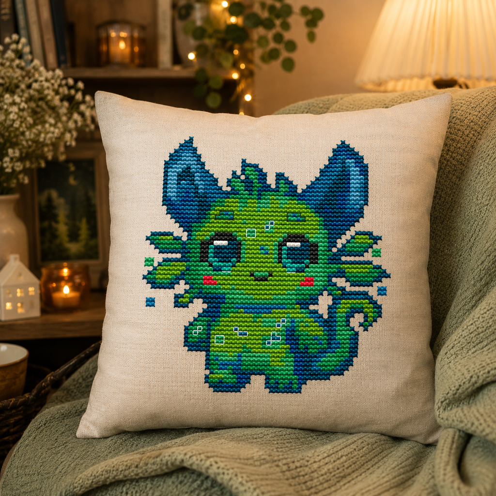 Lumi Beastie cross stitch pattern stitched on a decorative pillow, magical fantasy creature embroidery for cozy cottagecore home decor.