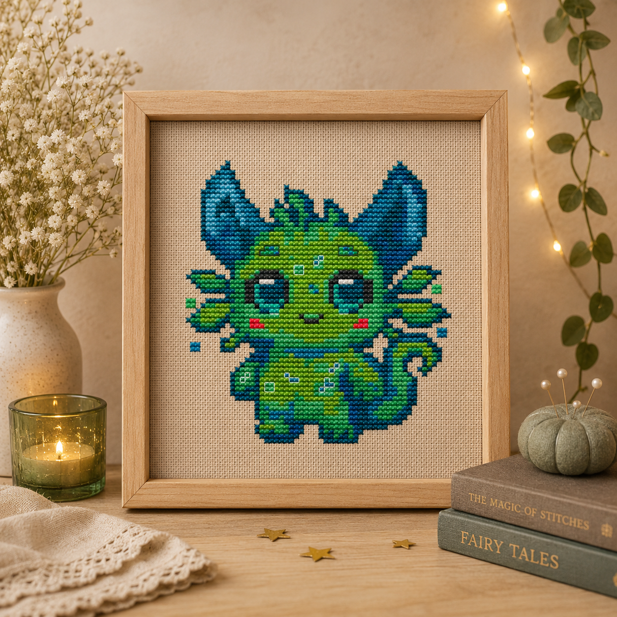Lumi Beastie cross stitch pattern displayed in a wooden frame, cute fantasy creature embroidery for cozy cottagecore and whimsical home decor.