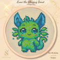 Lumi the Glowing Beast cross stitch pattern PDF featuring a cute fantasy creature with blue ears and green glowing details, modern counted cross stitch design for beginners and fantasy lovers