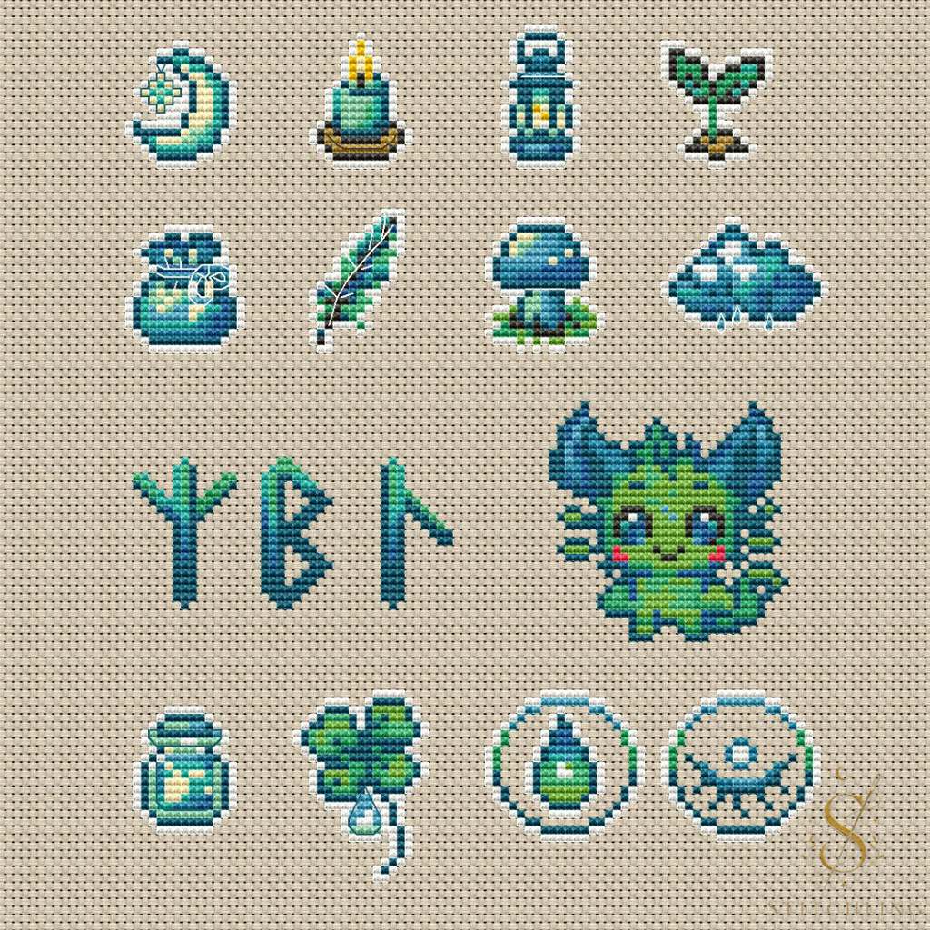 Lumi Mini Set cross stitch collection featuring Lumi character, magical symbols, runes, moon, feather, mushroom, clover, cloud, lantern, candle, and other mini designs.