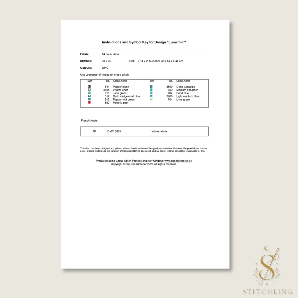 DMC thread color chart and materials list included with the Lumi Mini Set cross stitch patterns.