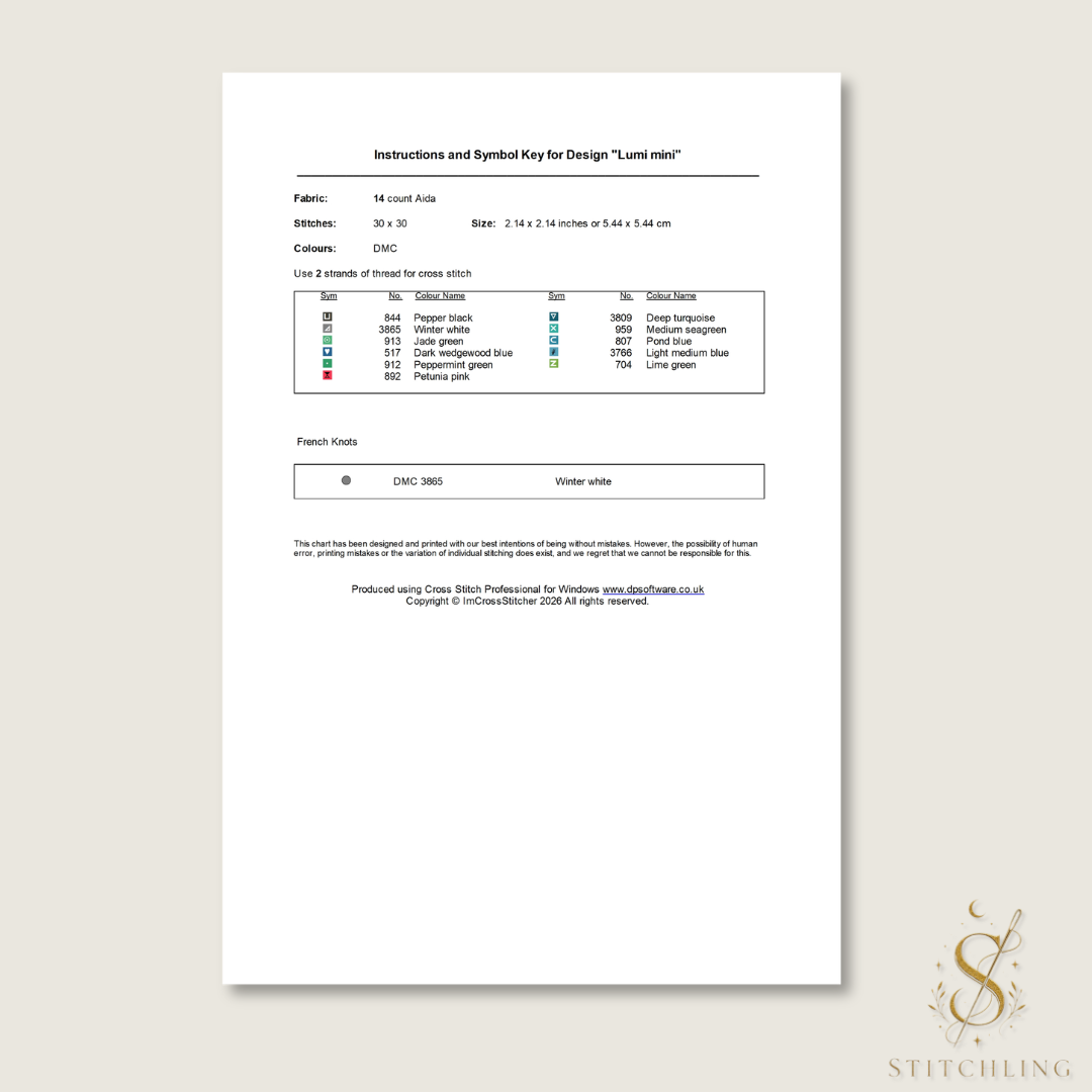 DMC thread color chart and materials list included with the Lumi Mini Set cross stitch patterns.