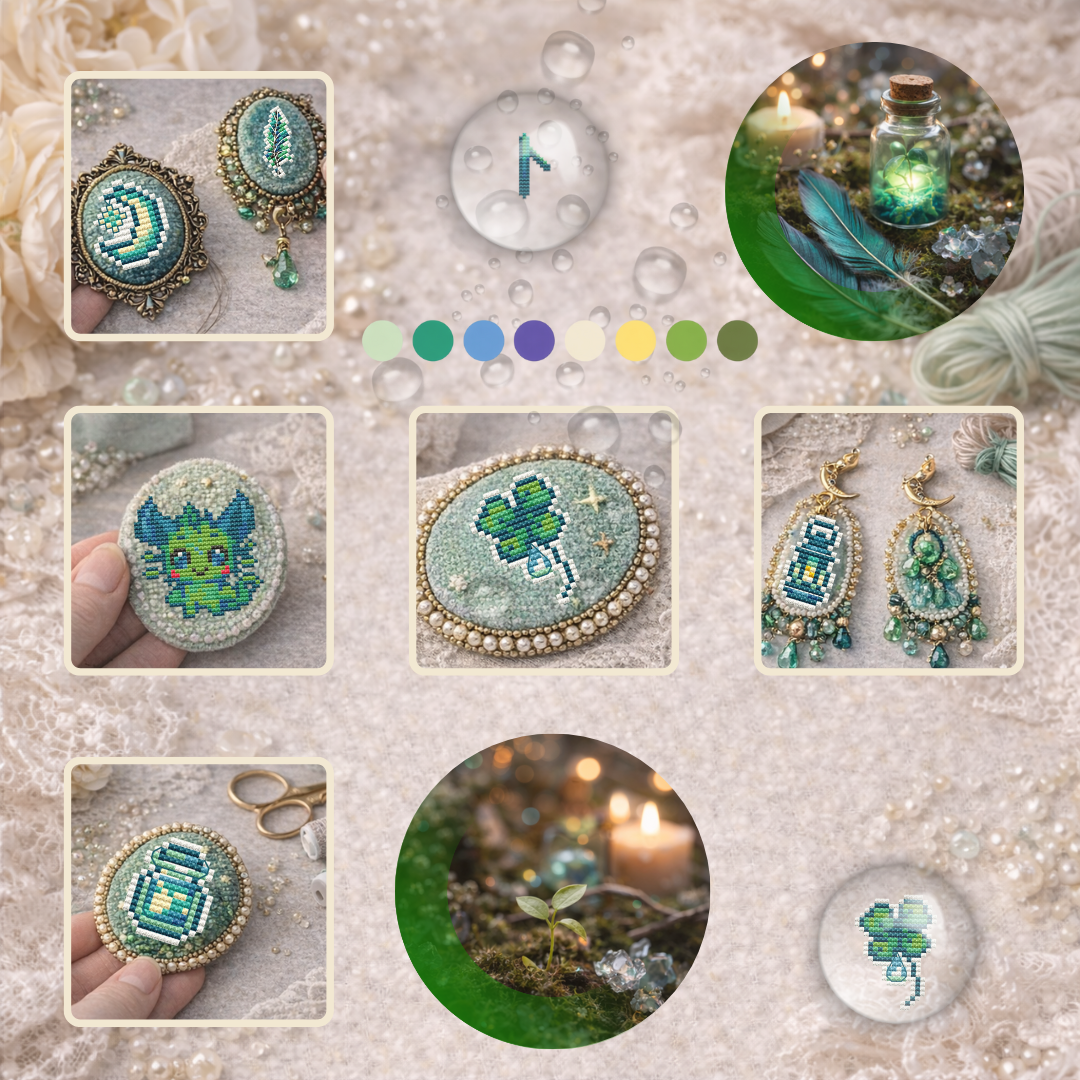 Examples of finished Lumi Mini Set embroidery projects including pendants, brooches, ornaments, keychains, and wearable accessories.