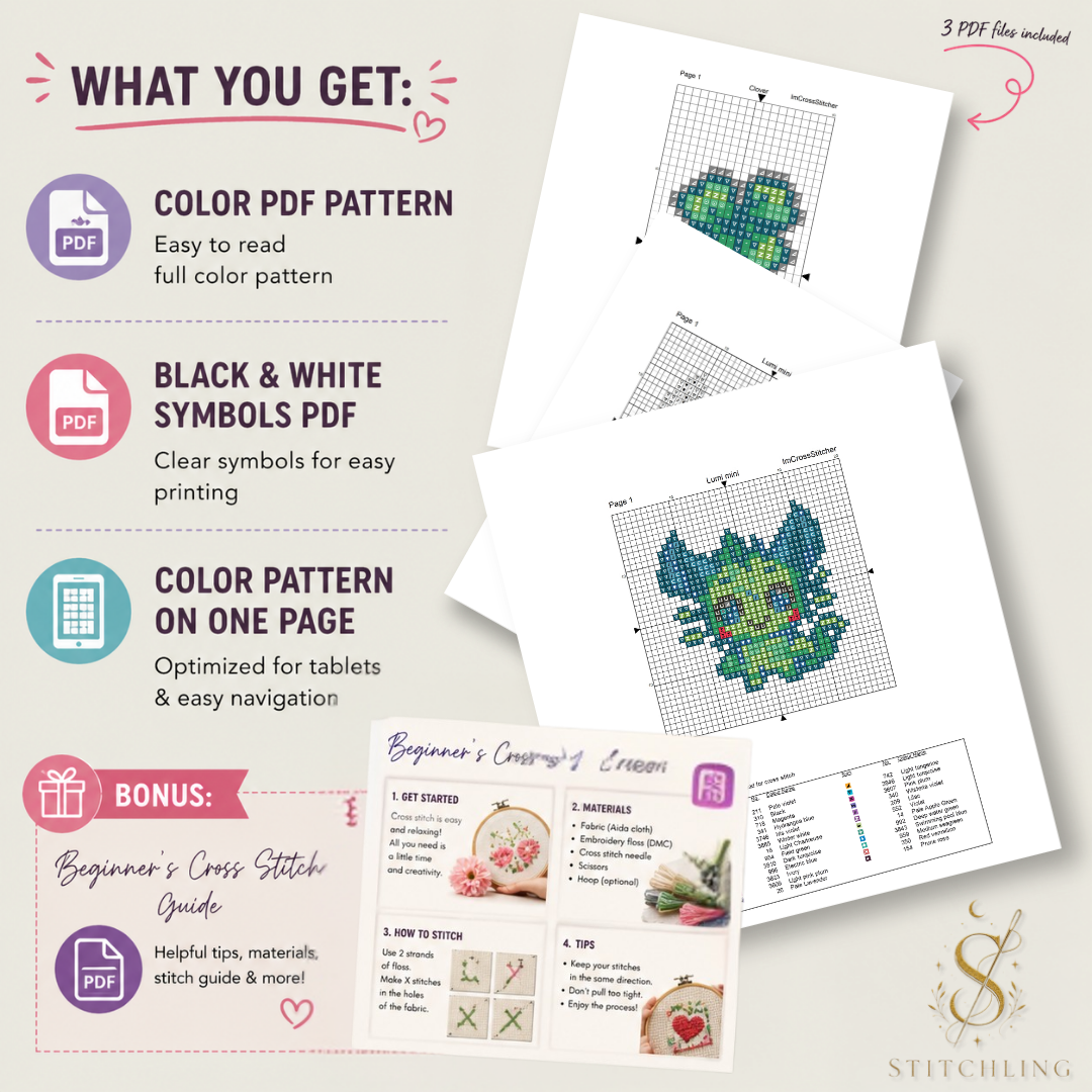Preview of Lumi Mini Set digital download showing included color PDF pattern, black and white symbol chart, one-page tablet version, DMC color key, and beginner cross stitch guide bonus.