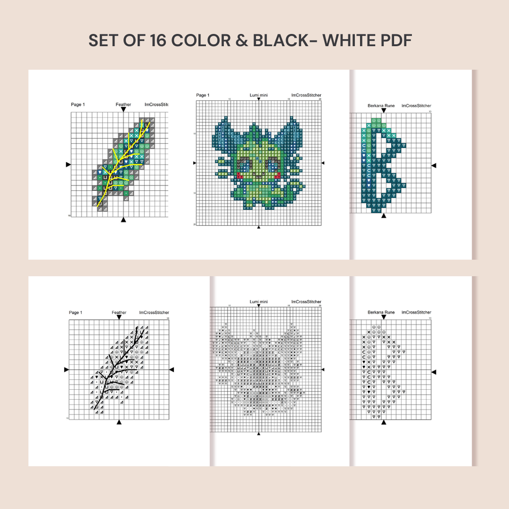 Preview of Lumi Mini Set PDF files including color chart, black and white symbol chart, one-page tablet pattern, and DMC thread legend.