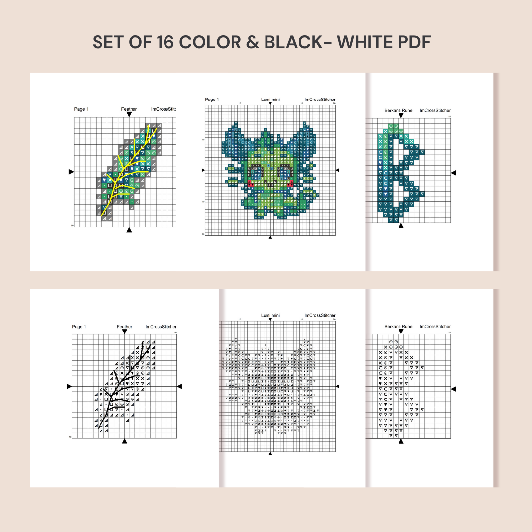 Preview of Lumi Mini Set PDF files including color chart, black and white symbol chart, one-page tablet pattern, and DMC thread legend.
