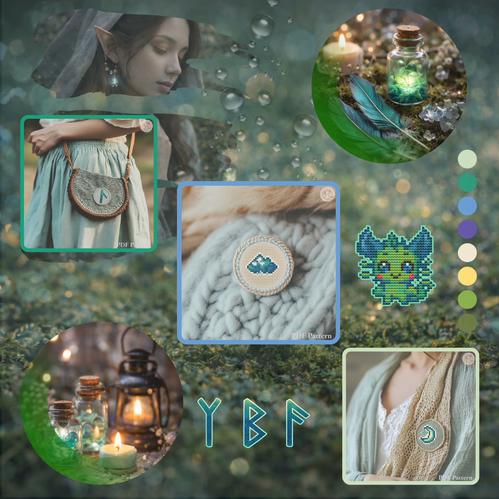 Creative project ideas made with Lumi Mini Set cross stitch patterns including rune pendants, mini charms, embroidered jewelry, and fantasy accessories.