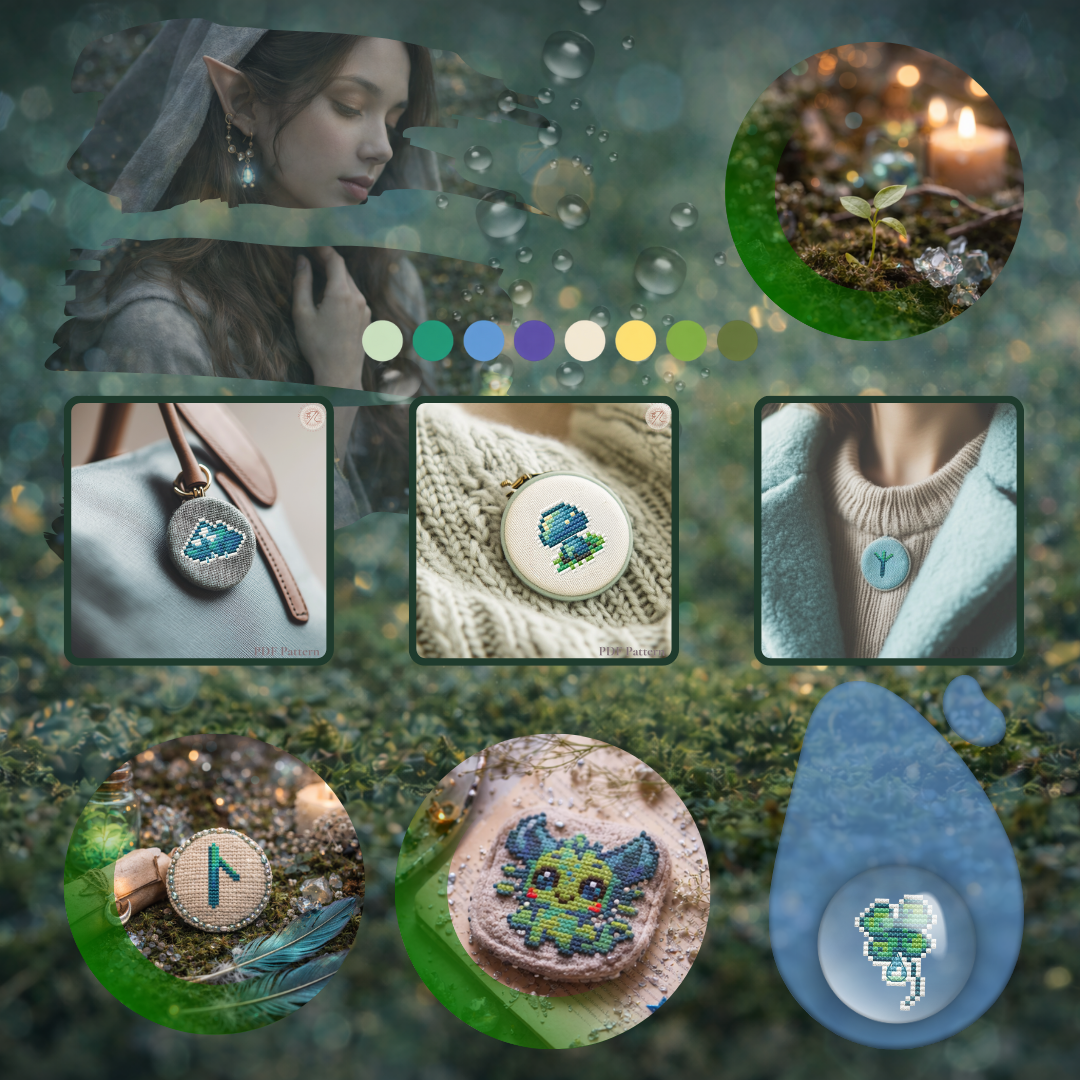 Lifestyle collage showing Lumi Mini Set cross stitch patterns used for pendants, brooches, charms, rune embroidery, and miniature wearable accessories.