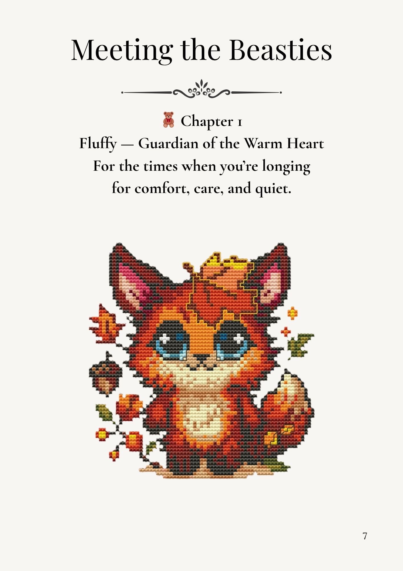 Illustrated story chapter preview featuring Fluffy the Comforting Beast, a cozy fantasy fox character from the Whispers in Thread book, included with the cross stitch pattern as a bonus