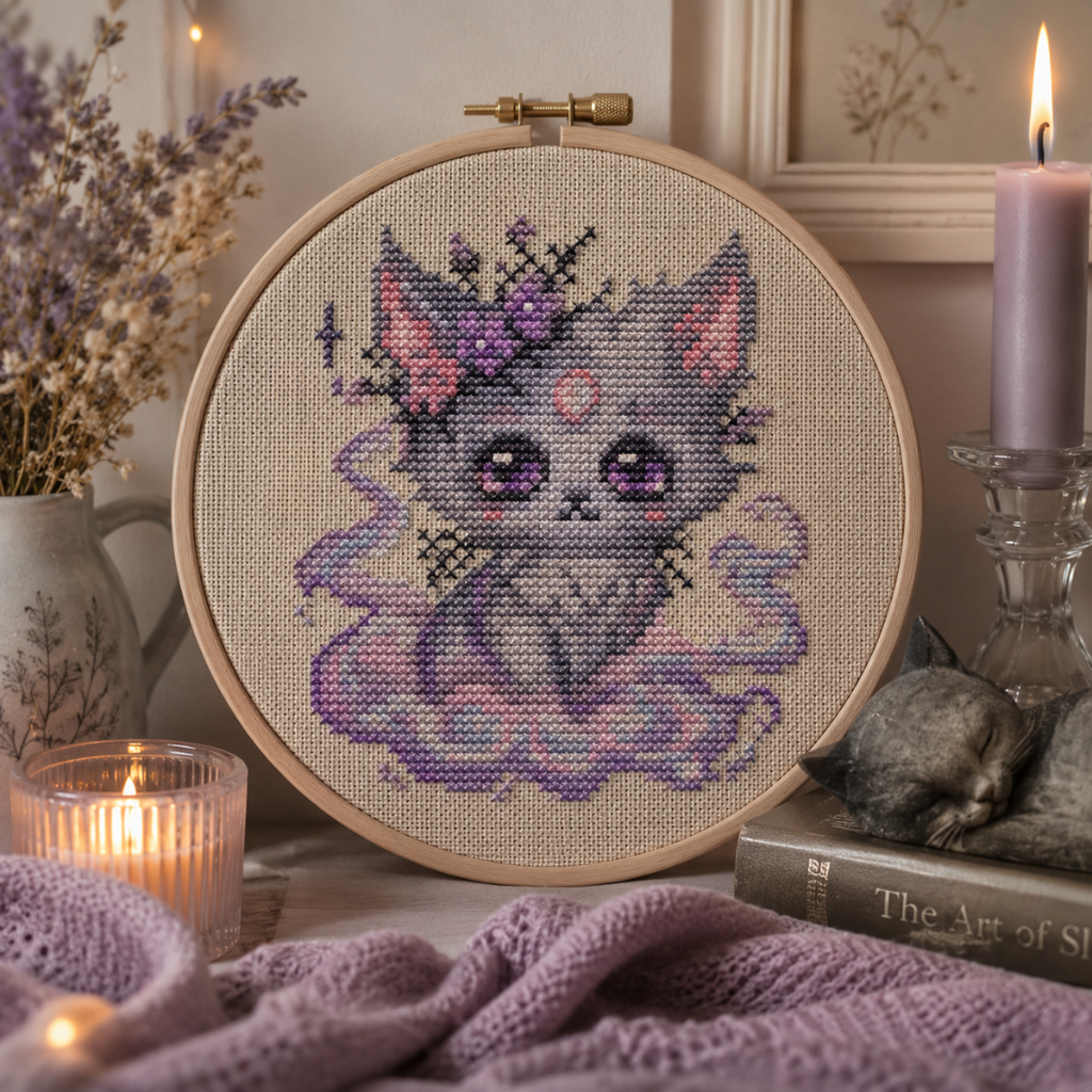 Misty Beastie cross stitch pattern displayed in an embroidery hoop, dreamy fantasy creature design with soft clouds and magical flowers.