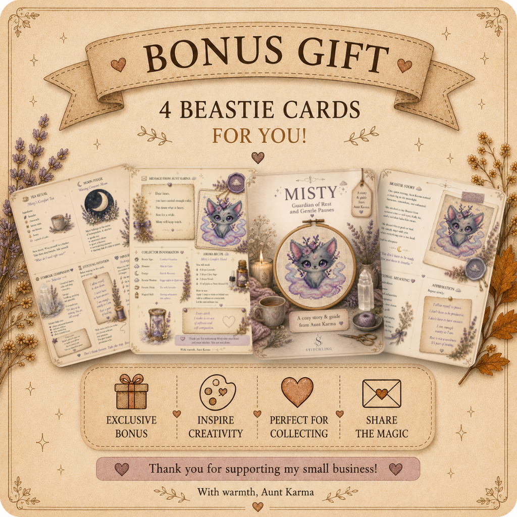 Bonus printable Misty Beastie story cards featuring character story, emotional healing, affirmations, tea ritual and magical companion guide.