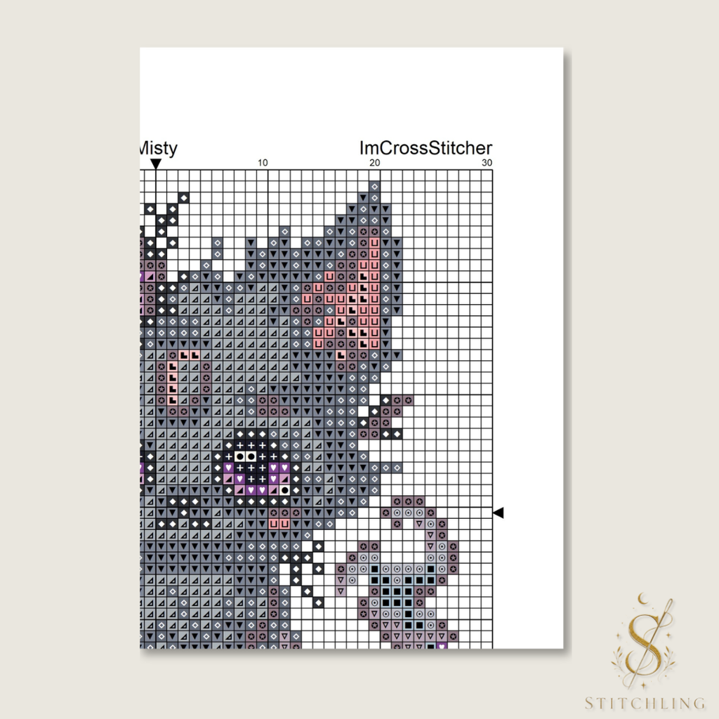Pattern Keeper compatible chart for Misty the Gentle Beast cross stitch pattern with easy-to-follow counted embroidery symbols and color blocks