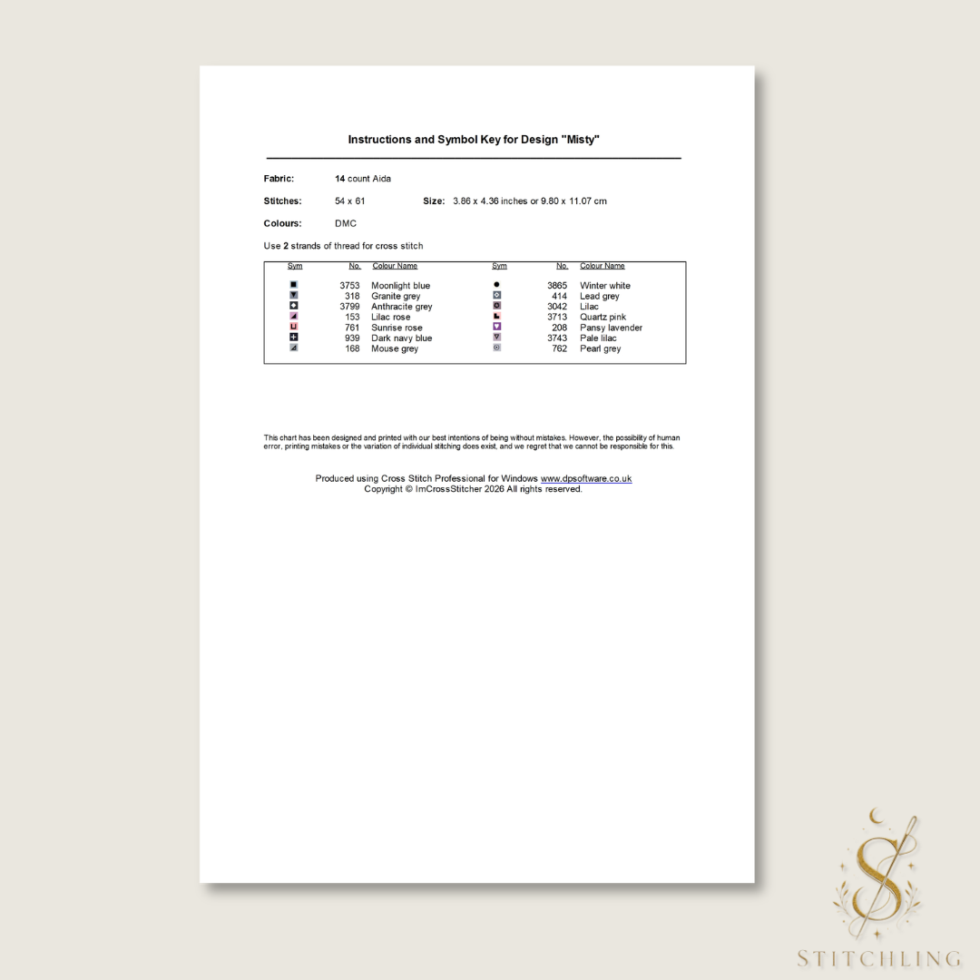 PDF cross stitch pattern information page for Misty the Gentle Beast including stitch count, DMC color list, finished size and embroidery details