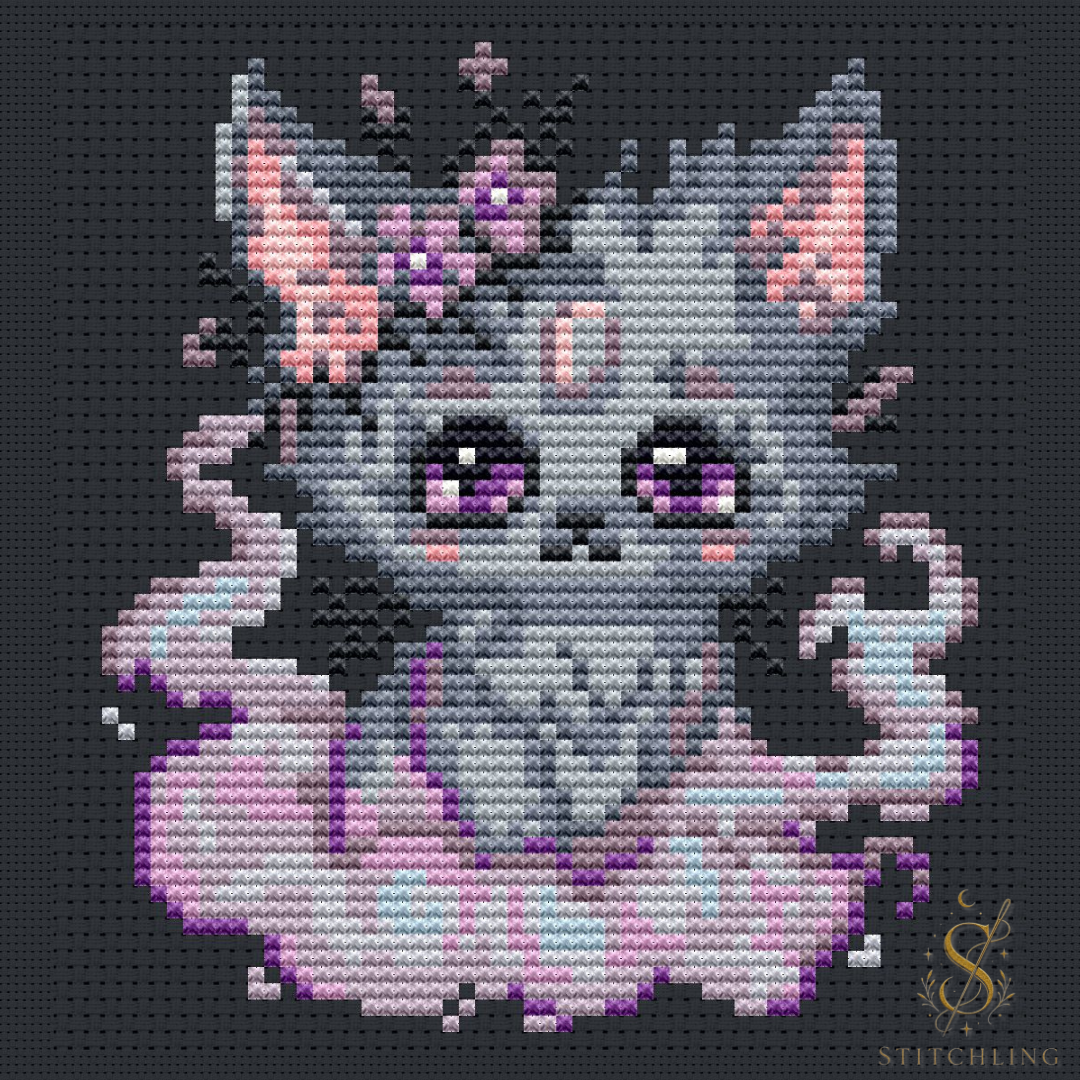 Misty the Gentle Beast cross stitch design preview on dark fabric background featuring a soft gray fantasy fox surrounded by dreamy pastel mist and magical embroidery details