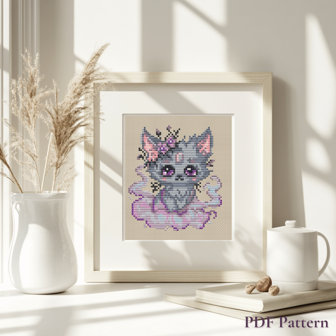 Framed Misty the Gentle Beast cross stitch displayed as dreamy fantasy wall art featuring a soft gray fox with pastel details, cozy cottagecore embroidery decor