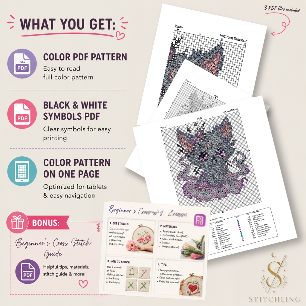 Misty the Gentle Beast cross stitch pattern bundle including PDF chart, Pattern Keeper file, color guide, stitching instructions and bonus fantasy embroidery extras