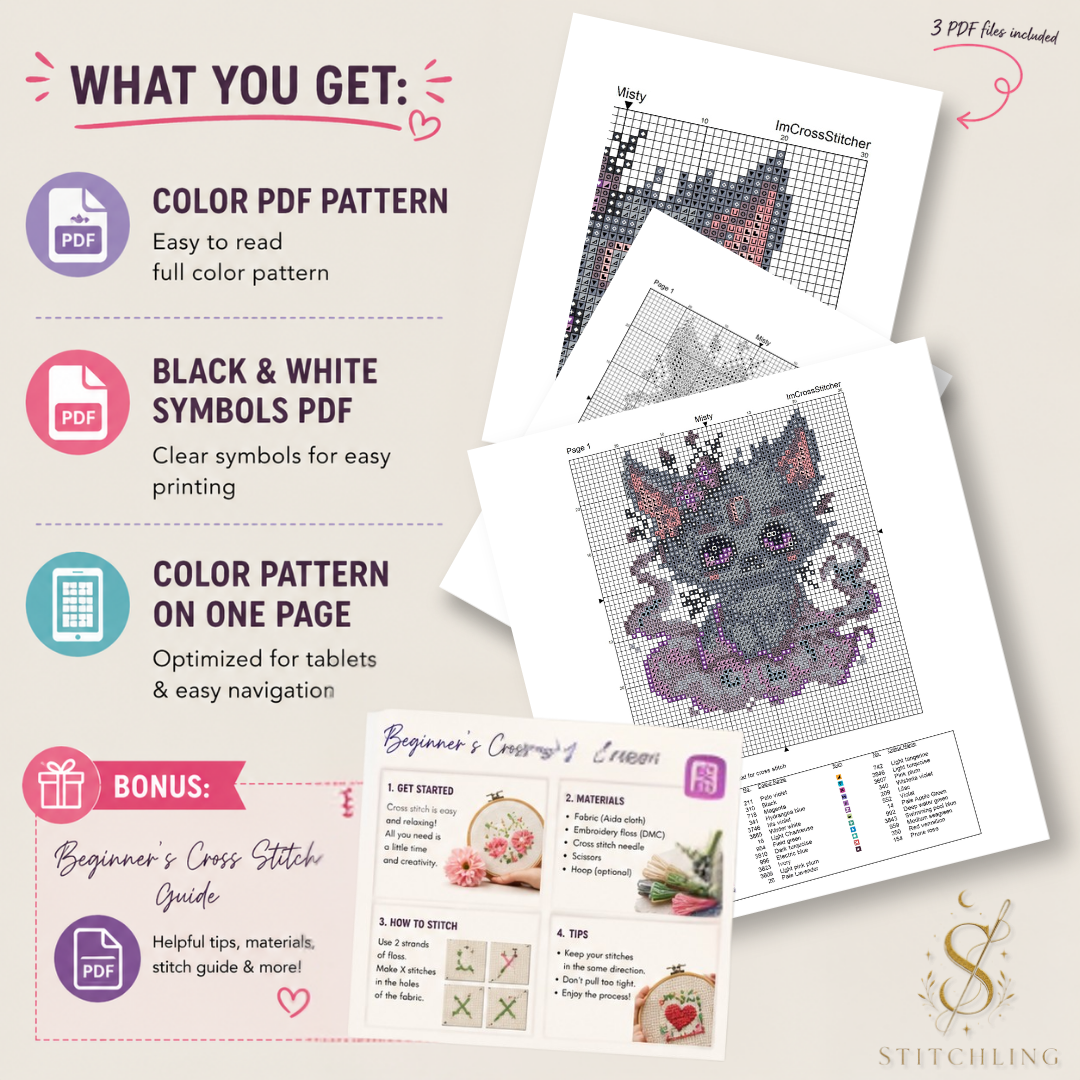 Misty the Gentle Beast cross stitch pattern bundle including PDF chart, Pattern Keeper file, color guide, stitching instructions and bonus fantasy embroidery extras