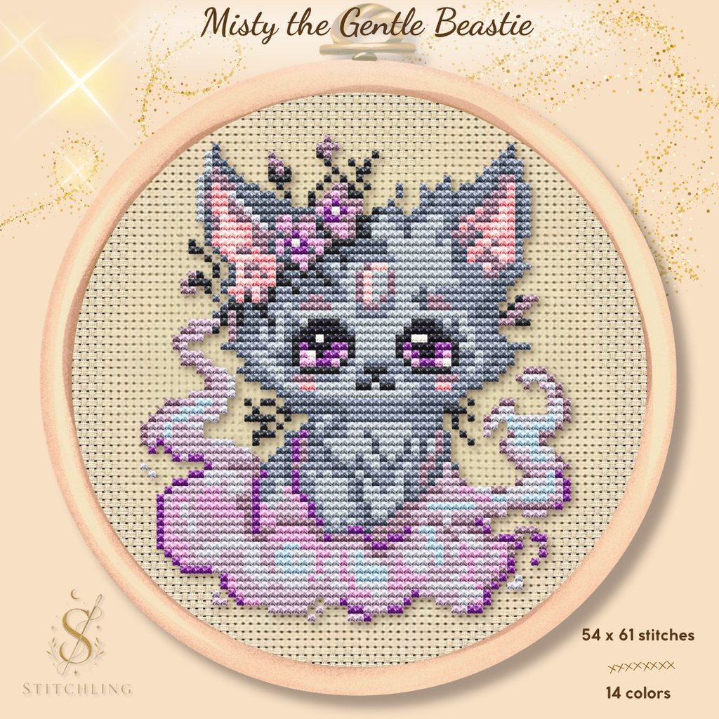Misty the Gentle Beast cross stitch pattern featuring a soft gray fantasy fox surrounded by dreamy mist and pastel colors, PDF counted cross stitch chart for cozy embroidery and fantasy lovers