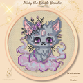 Misty the Gentle Beast cross stitch pattern featuring a soft gray fantasy fox surrounded by dreamy mist and pastel colors, PDF counted cross stitch chart for cozy embroidery and fantasy lovers