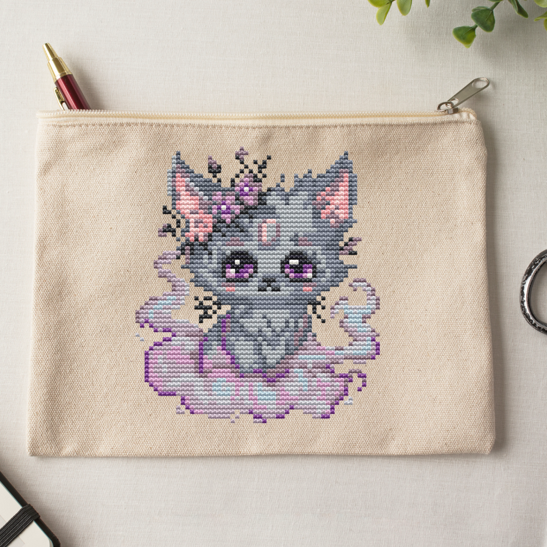Misty the Gentle Beast cross stitch displayed on a canvas tote bag featuring a dreamy fantasy fox design, magical embroidery inspired accessory and gift idea