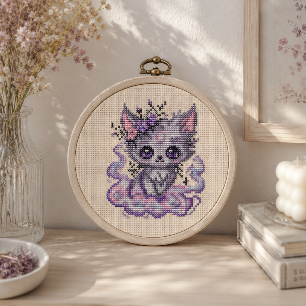 Misty the Gentle Beast cross stitch displayed in a wooden embroidery hoop featuring a dreamy gray fantasy fox with pastel colors and magical cottagecore decor