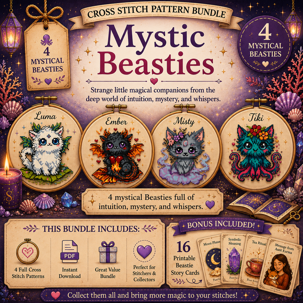 Mystic Beasties fantasy cross stitch bundle with 4 magical creature patterns, printable story cards, PDF embroidery designs, cottagecore and fantasy stitching collection.