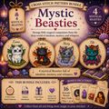 Mystic Beasties fantasy cross stitch bundle with 4 magical creature patterns, printable story cards, PDF embroidery designs, cottagecore and fantasy stitching collection.