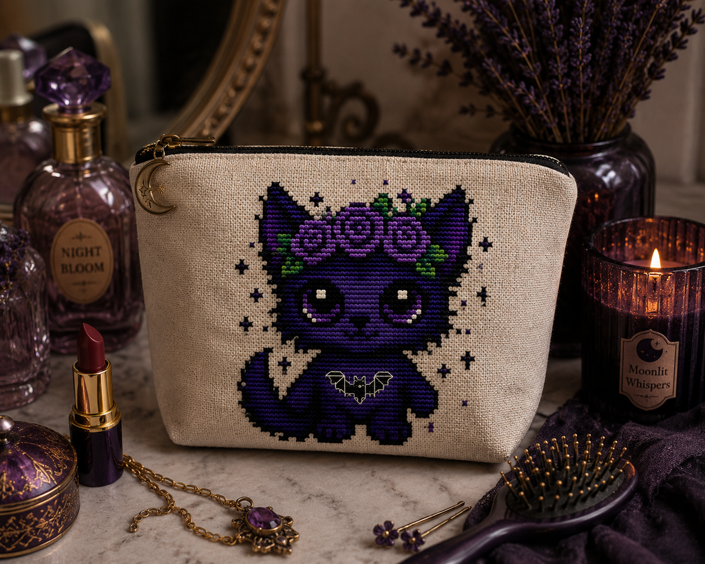 Nyx Beastie cross stitch pattern stitched on a fabric cosmetic pouch, magical fantasy embroidery design and handmade gift inspiration.