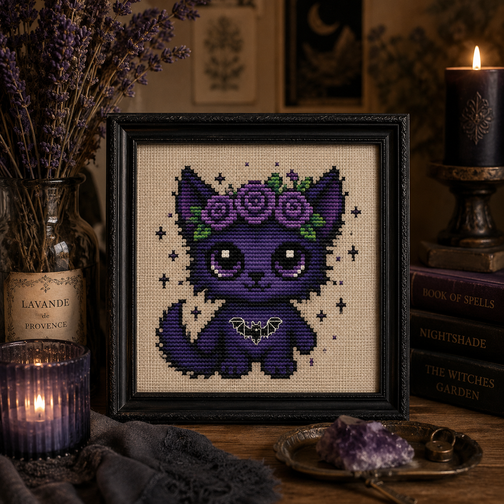 Nyx Beastie cross stitch pattern displayed in a frame, mystical purple fantasy creature embroidery for gothic cottagecore home decor.