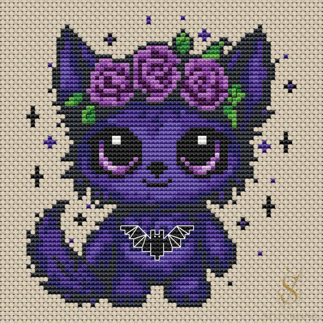 Nyx Beastie cross stitch pattern featuring a mystical purple creature with moonlit fantasy aesthetic and magical floral crown.